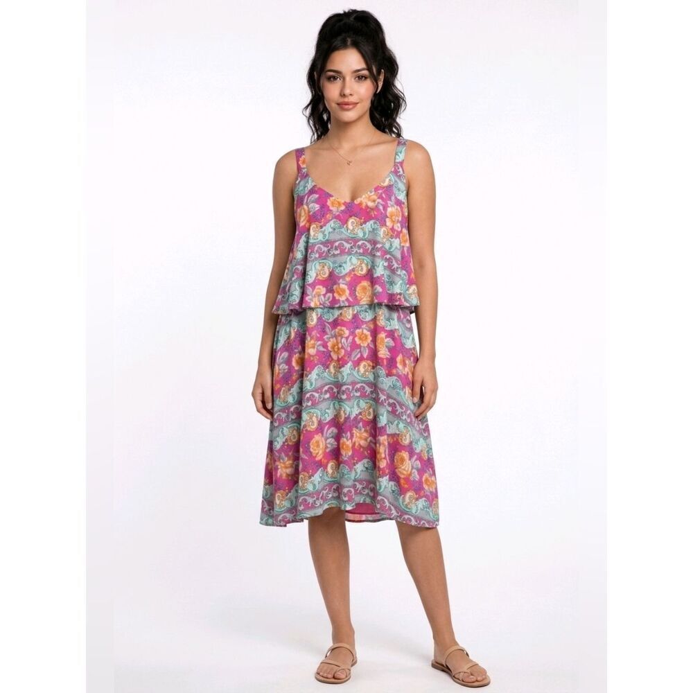 Watermelon Pink Floral Scoop V-neck Yoke Detail Sleeveless Dress Size 1X